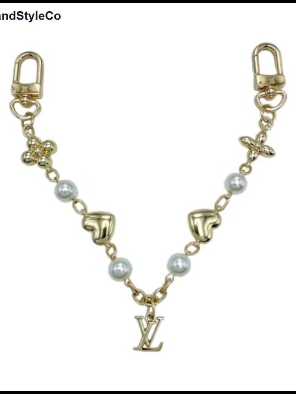 Gold Tone Bag Charm Chain Simulated Pearl Heart Floral Purse Accessory